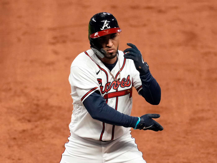 Oct 30, 2021; Atlanta, Georgia, USA; Atlanta Braves left fielder Eddie Rosario (8) reacts after a single against the Houston Astros during the third inning of game four of the 2021 World Series at Truist Park.